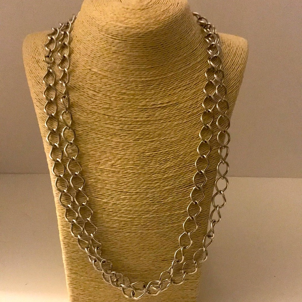 Trifari crown necklace 55” silver tone link chain necklace